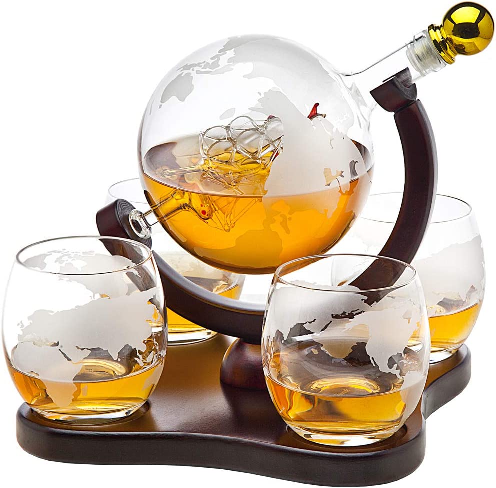 Godinger Whiskey Decanter Set with Etched Globe Whisky Glasses
