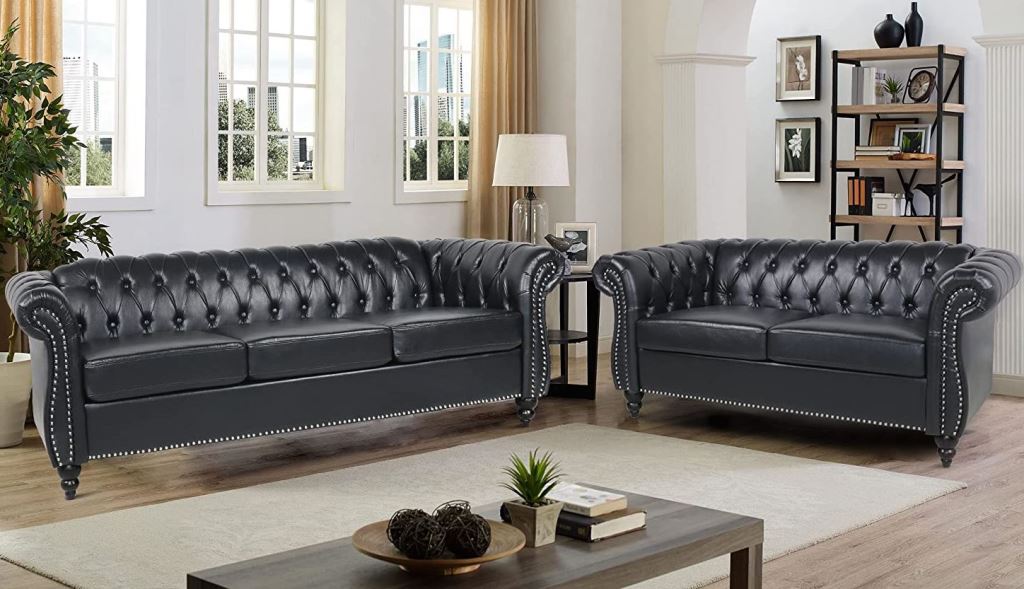 RARZOE Modern Contemporary Tufted-Button Faux Leather 3-Seater Sofa